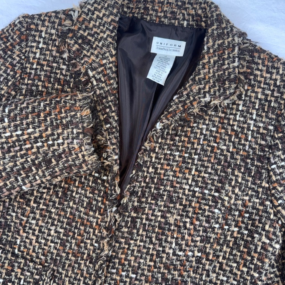 Uniform John Paul Richard Blazer Women 12 Brown Tweed Frayed Edge Wool Blend